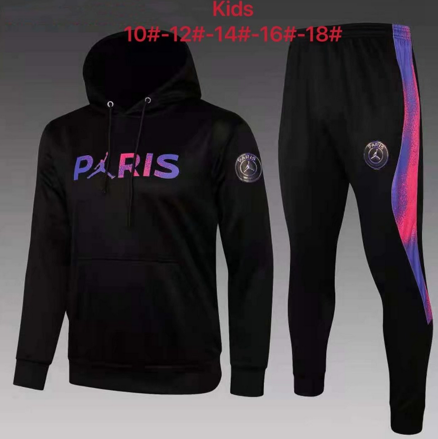 Kids 2021/22 PSG x Jordan Black Hoodie Sweater and Pants Youth Training Suits